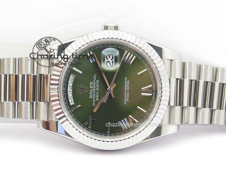 MiroTime 0508 Stretchable DayDate 40mm BP-Maker 228206 SS Green Roman Dial (Fluted Bezel) On SS Bracelet ETA 3904